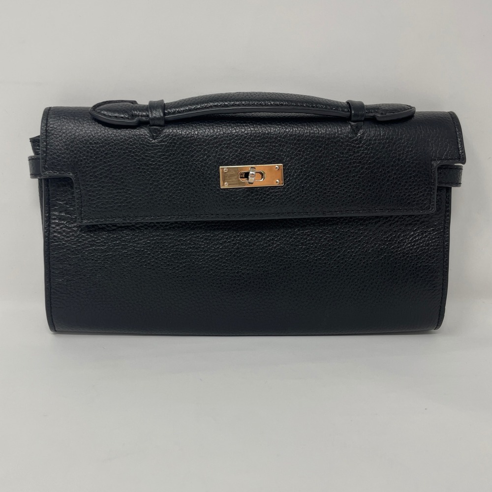 Zenith Black Pebbled Leather Clutch Bag Gold Turn Lock Hardware Handle Handbag